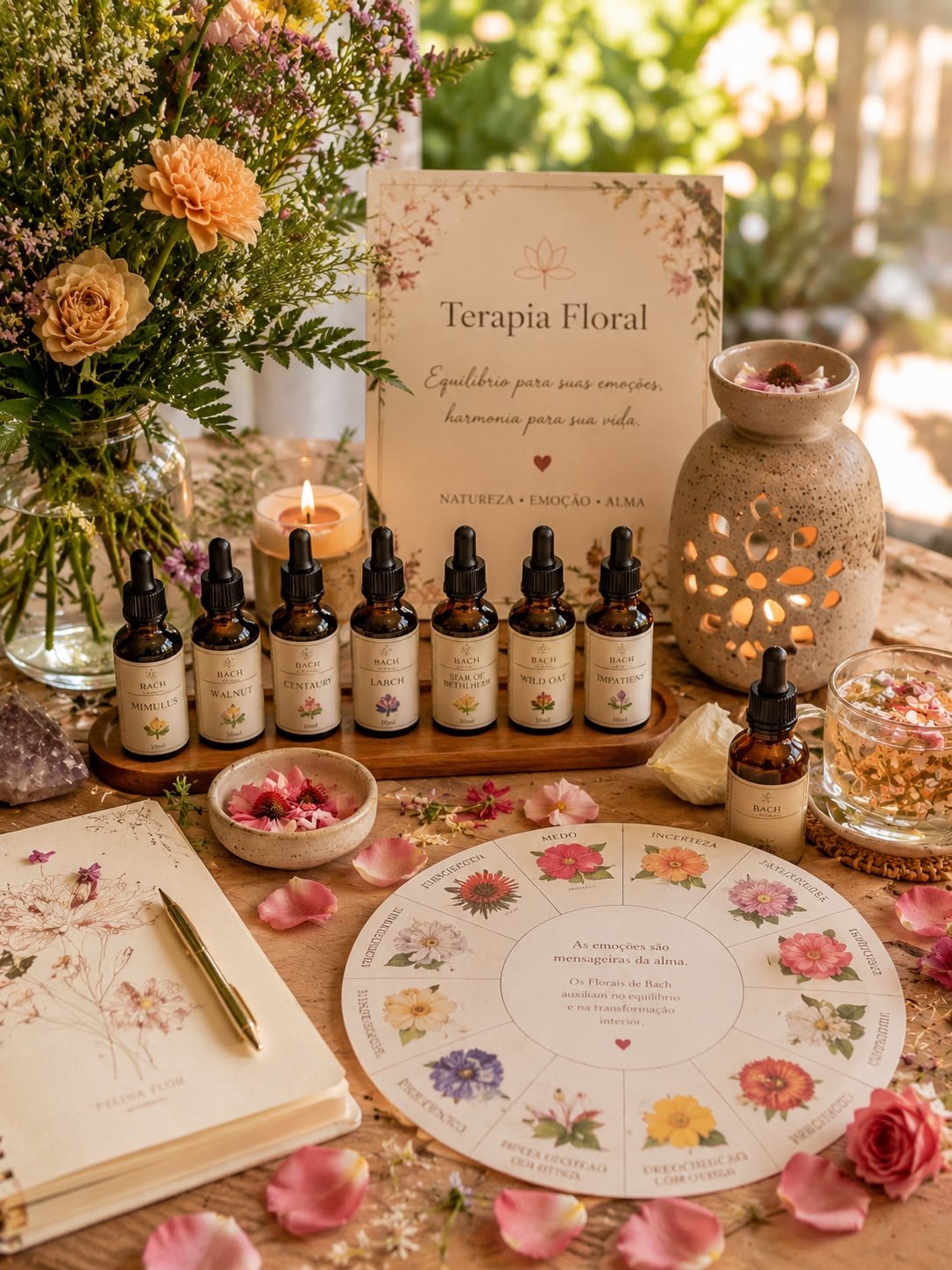 Terapia Floral, essências florais sobre madeira